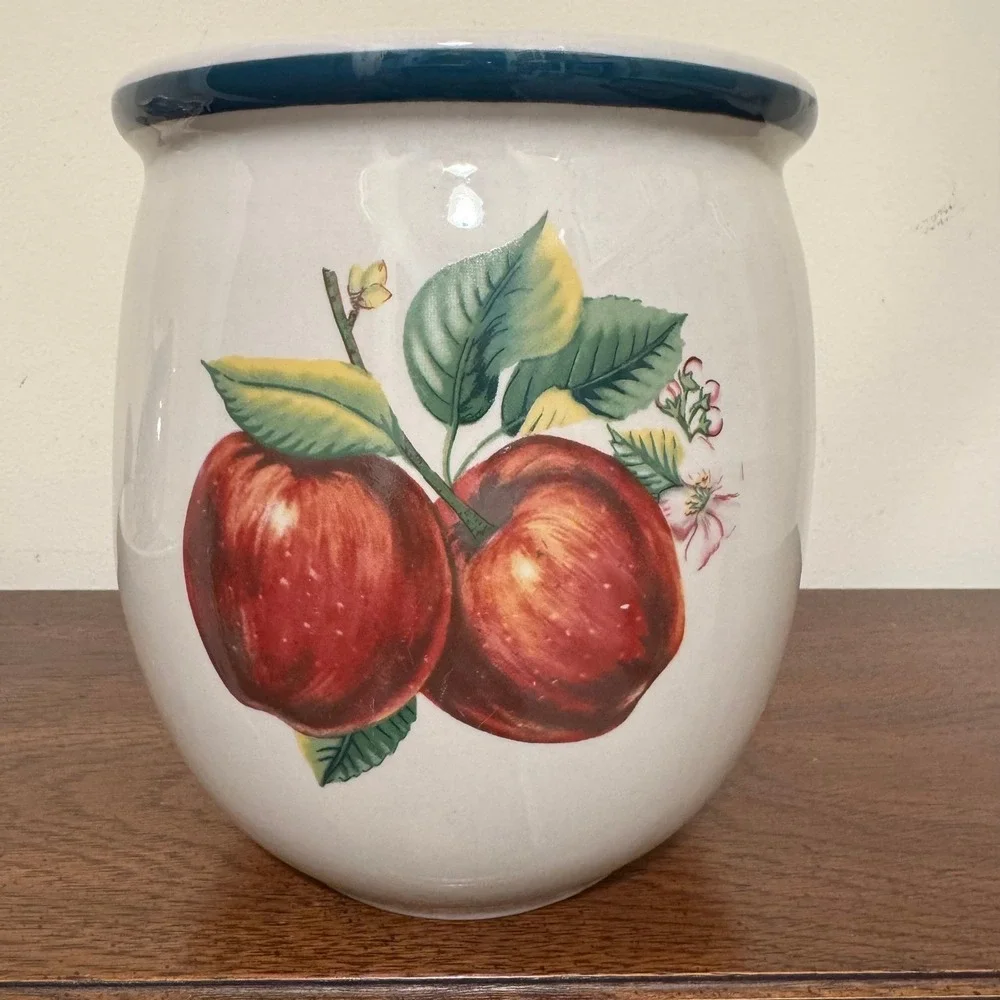 Vtg China Pearl 'Casuals' Apple Ceramic Utensil Holder Crock Farmhouse Kitchen